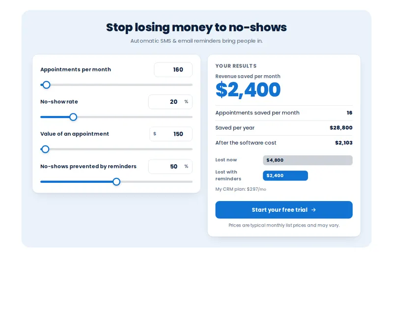 No-show reducer calculator with inputs for registrations, show-up rate and offer value