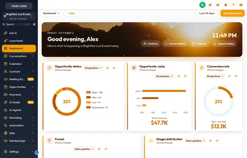 GoHighLevel dashboard with the Golden Hour design: sunset mountain photo hero, warm cream cards and amber chart colours