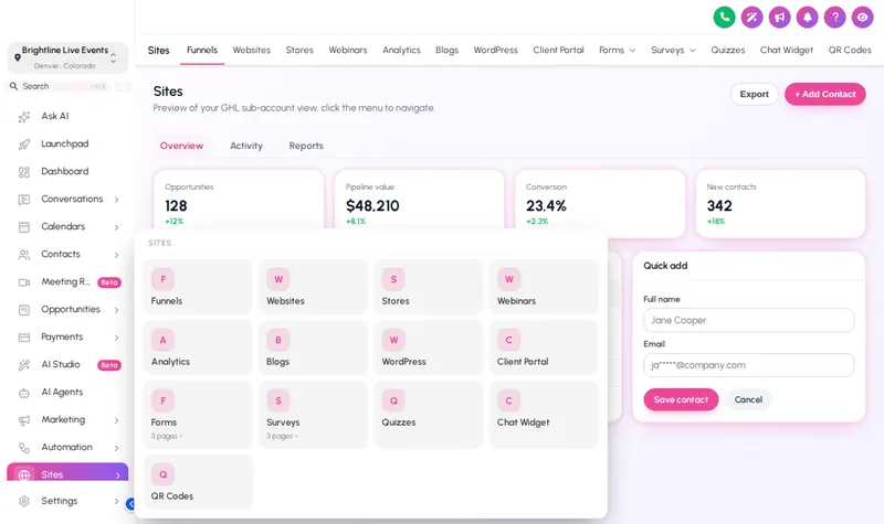 GoHighLevel sidebar with a tiles-style mega menu open over the Sites section