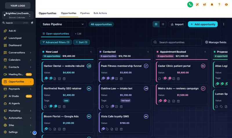 GoHighLevel opportunities board in the Midnight Neon design: deep navy lanes with glowing cyan and violet stage lines