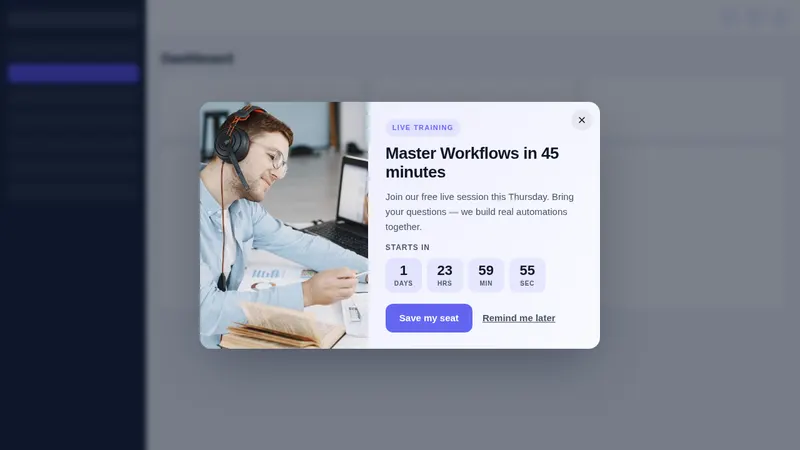 Webinar announcement popup shown inside GoHighLevel