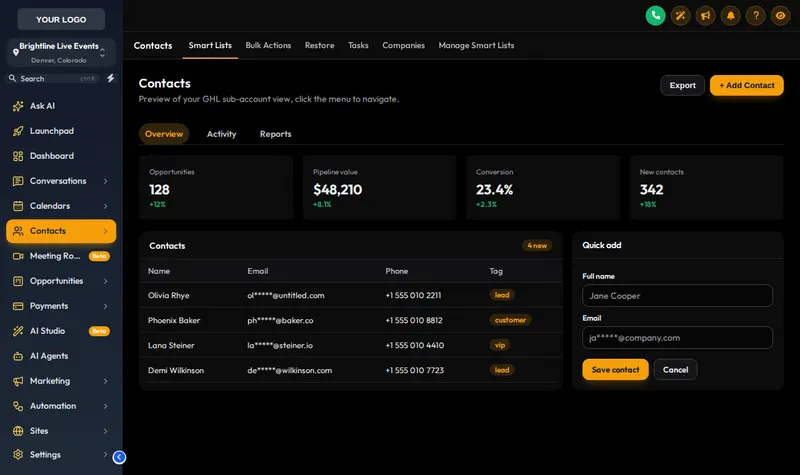 GoHighLevel contacts list in dark mode under the Cinematic City theme