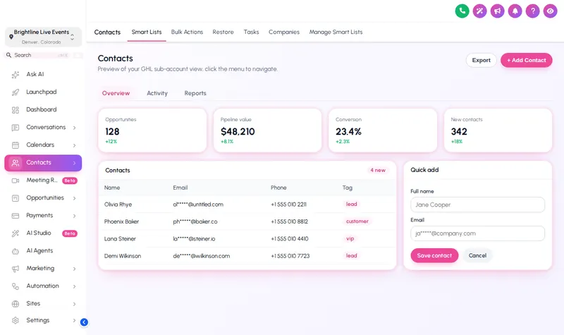 GoHighLevel contacts page in the Holo Pearl theme: pearl white sidebar with pink and violet accents