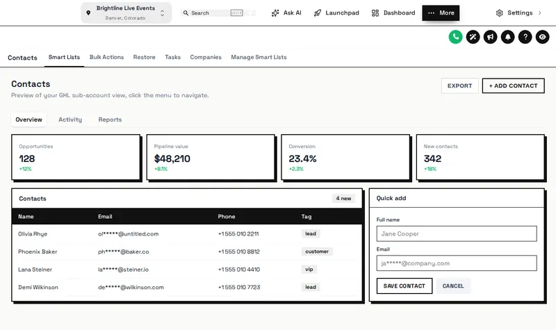 GoHighLevel with the Mono Studio theme: black and white brutalist styling with the menu moved to a top bar